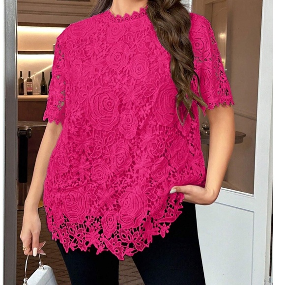 Plus Floral lace Mock Neck Short Sleeve Blouse - Picture 1 of 7